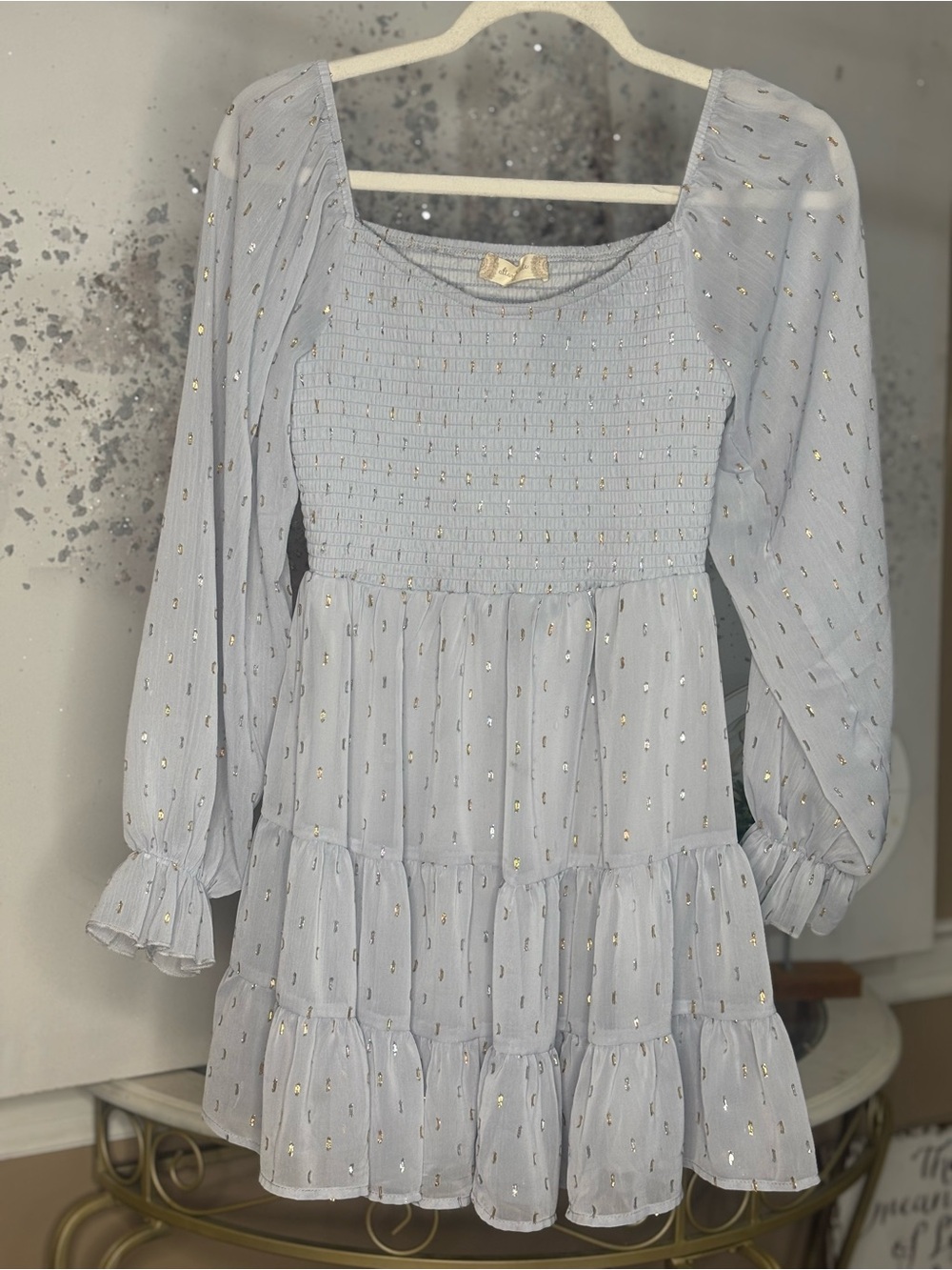 Altar’d State Light Blue Tiered Long-Sleeve Dress with Metallic Dots